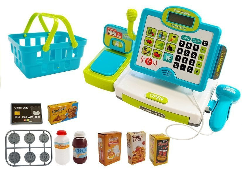 Žaislinis fiskalinis kasos aparatas su priedais, mėlynas
