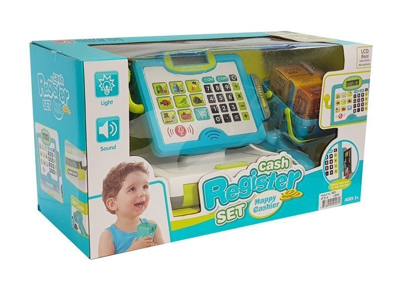 Žaislinis fiskalinis kasos aparatas su priedais, mėlynas