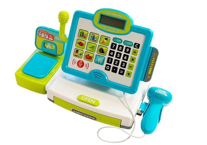 Žaislinis fiskalinis kasos aparatas su priedais, mėlynas