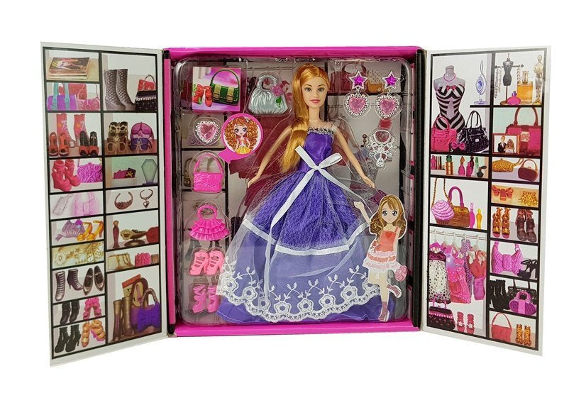 Lėlė su vakarine suknele ir priedais