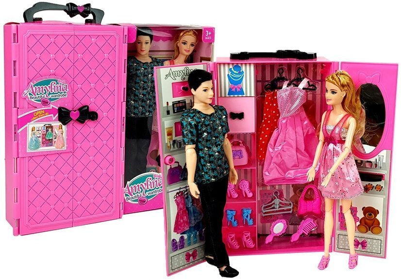 Lėlių rinkinys su rožine drabužių spinta