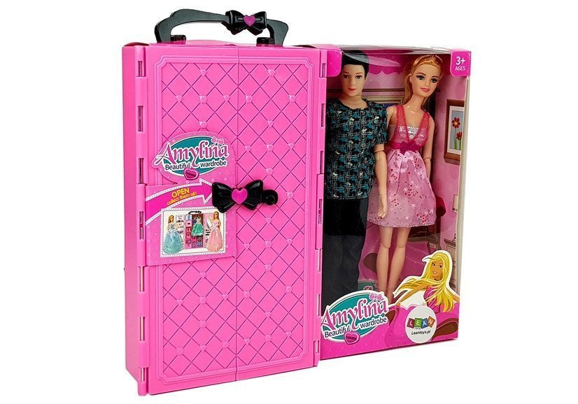 Lėlių rinkinys su rožine drabužių spinta