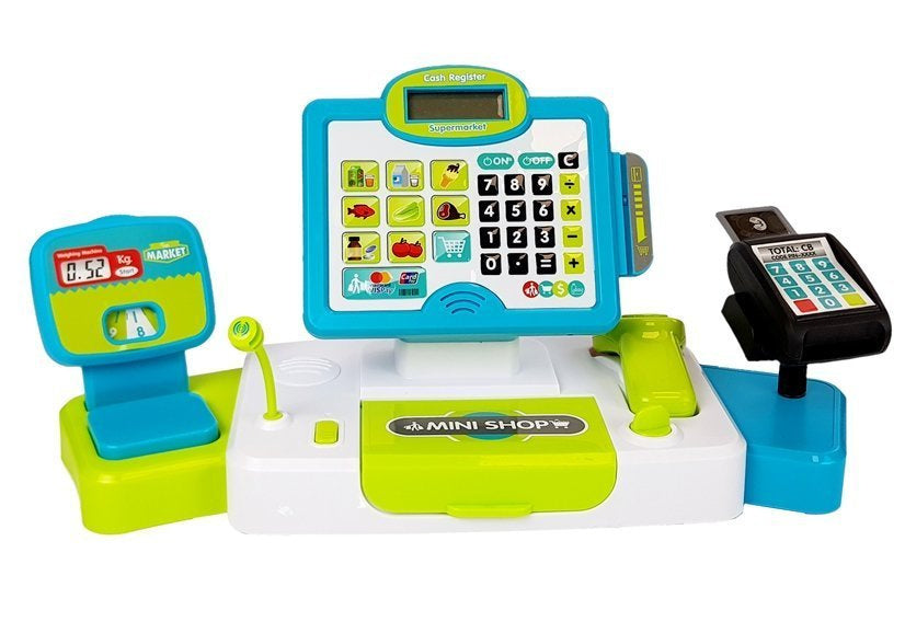 Kasos aparatas su kortelių skaitytuvu, mėlynai žalias