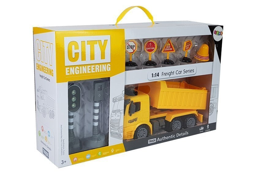 Savivartis sunkvežimis su kelio ženklais bei šviesos ir garso efektais