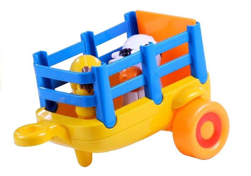 Spalvingas traktorius su priekaba ir gyvūnais - šviesos ir garso efektais