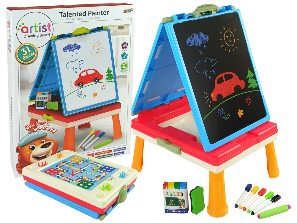 3 viename Magnetinė ir kreidos lenta + mėlynas žaidimų stalas