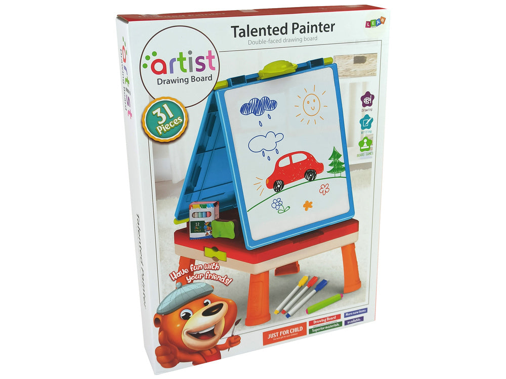 3 viename Magnetinė ir kreidos lenta + mėlynas žaidimų stalas