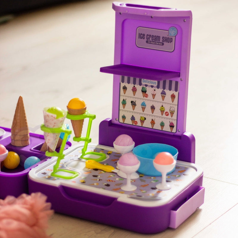 Žaislinė ledų parduotuvė su priedais lagaminėlyje 3in1, vioeltinis WOOPIE