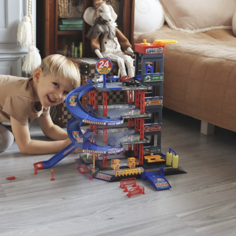 Automobilių garažas su trasa, automobiliais ir sraigtasparniu su priedais Woopie