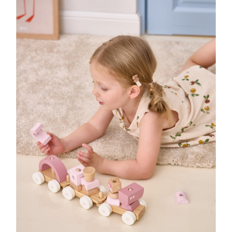 Medinis traukinys su vagonais ir kaladėlėmis, rožinis, VIGA PolarB