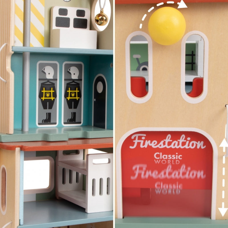 Medinė gaisrinė stotis su figūrėlėmis ir transporto priemonėmis 13 vnt. CLASSIC WORLD