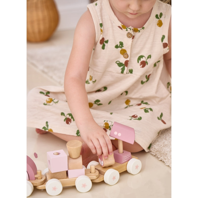 Medinis traukinys su vagonais ir kaladėlėmis, rožinis, VIGA PolarB