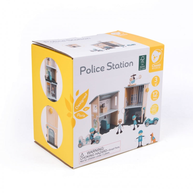 Medinė policijos stotis su figūrėlėmis ir transporto priemonėmis 12 vnt. CLASSIC WORLD