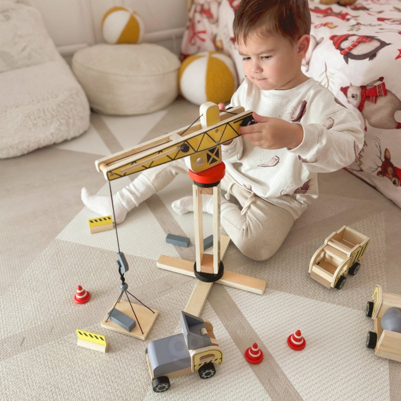 Medinis žaislinis kranas su statybviete 5in1 13 el., WOOPIE GREEN