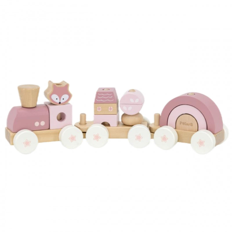 Medinis traukinys su vagonais ir kaladėlėmis, rožinis, VIGA PolarB