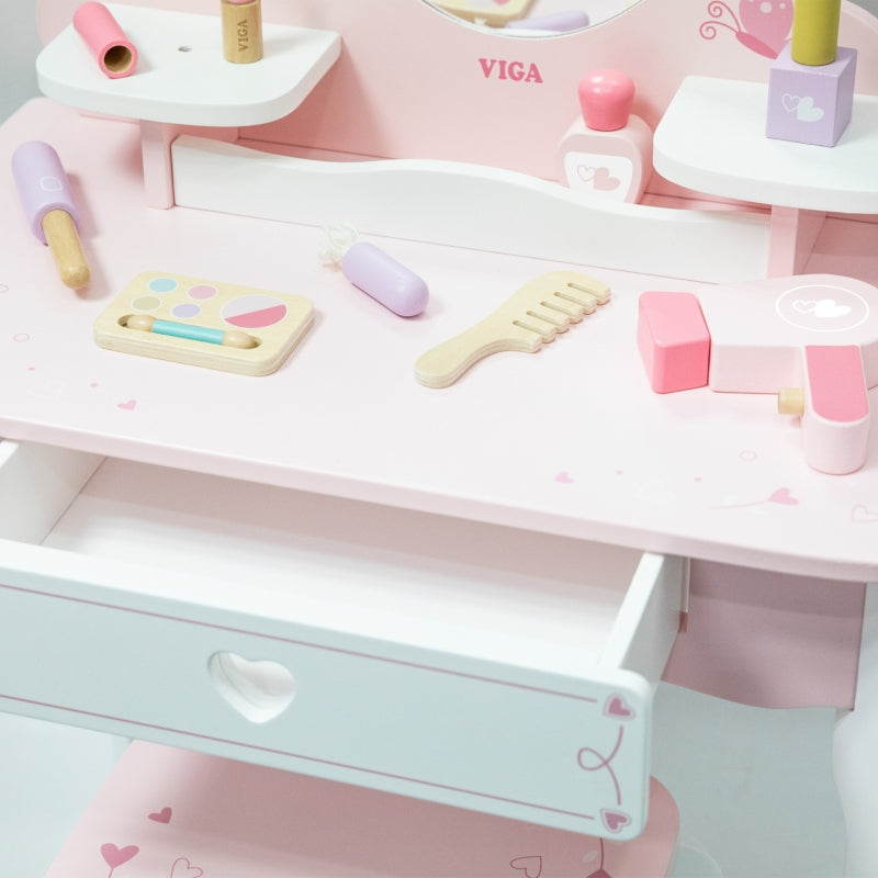 Medinis didelis tualetinis staliukas su veidrodžiu ir kėdute vaikams, VIGA