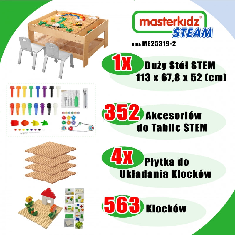 Medinis mokomasis stalas su priedais ir 563 kaladėlėmis, MASTERKIDZ