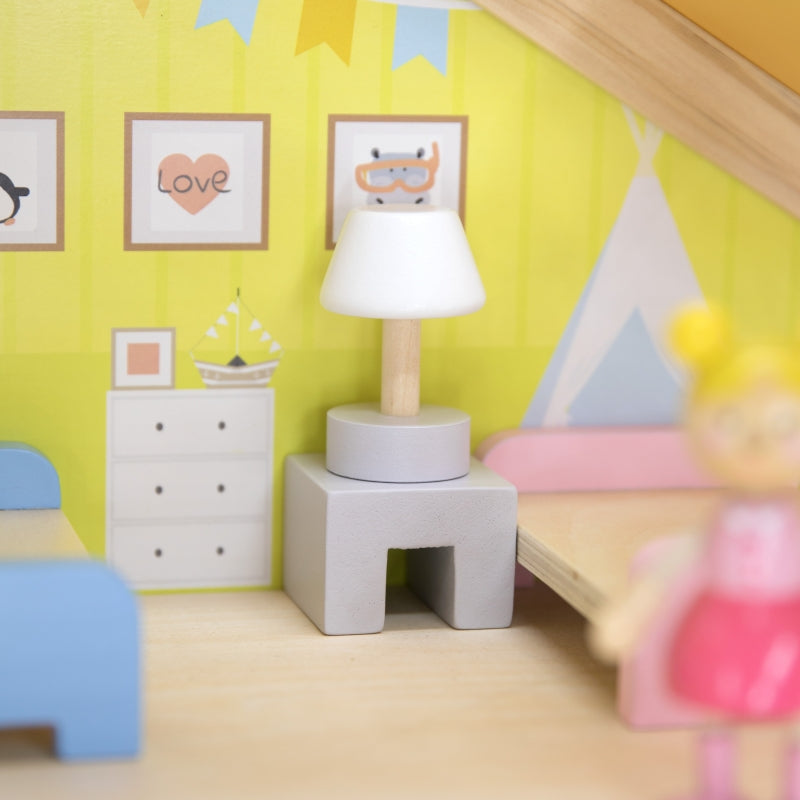 Medinis lėlių namelis su lėlėmis ir aksesuarais, VIGA