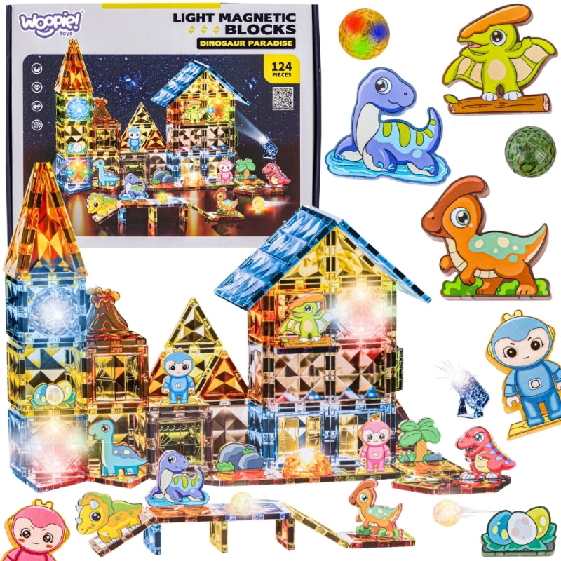 Šviečiančių magnetinių 3D blokų rinkinys „Dinozaurų parkas“ 124 vnt., WOOPIE