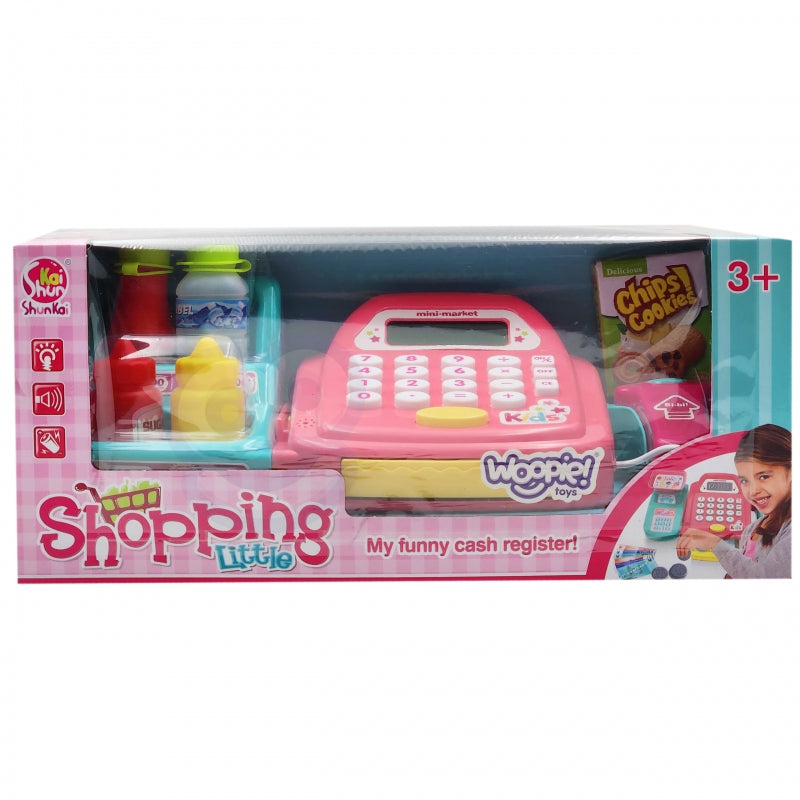 Žaislinis kasos aparatas su lentyna ir priedais, WOOPIE, rožinis