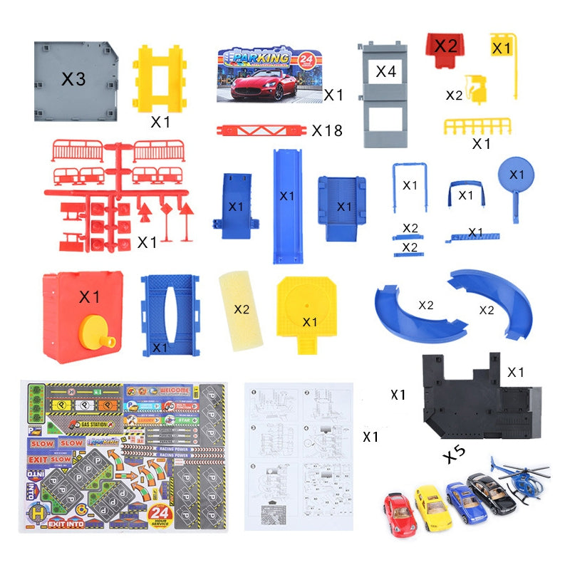Automobilių garažas su trasa, automobiliais ir sraigtasparniu su priedais Woopie