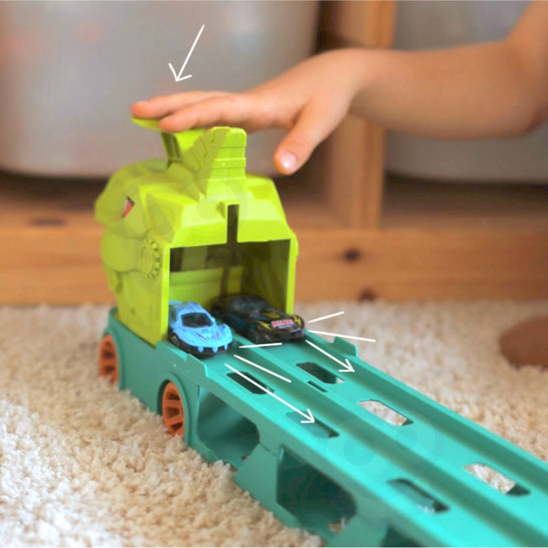 Žaislinis sunkvežimis dinozauras su lenktynių trasa, WOOPIE