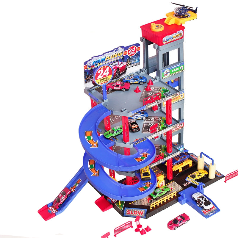 Automobilių garažas su trasa, automobiliais ir sraigtasparniu su priedais Woopie