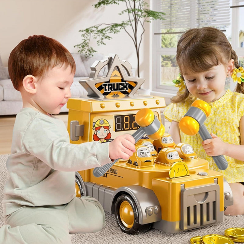 Interaktyvus statybinis sunkvežimis su žaidimu “Whack-a-Mole“, geltonas, WOOPIE