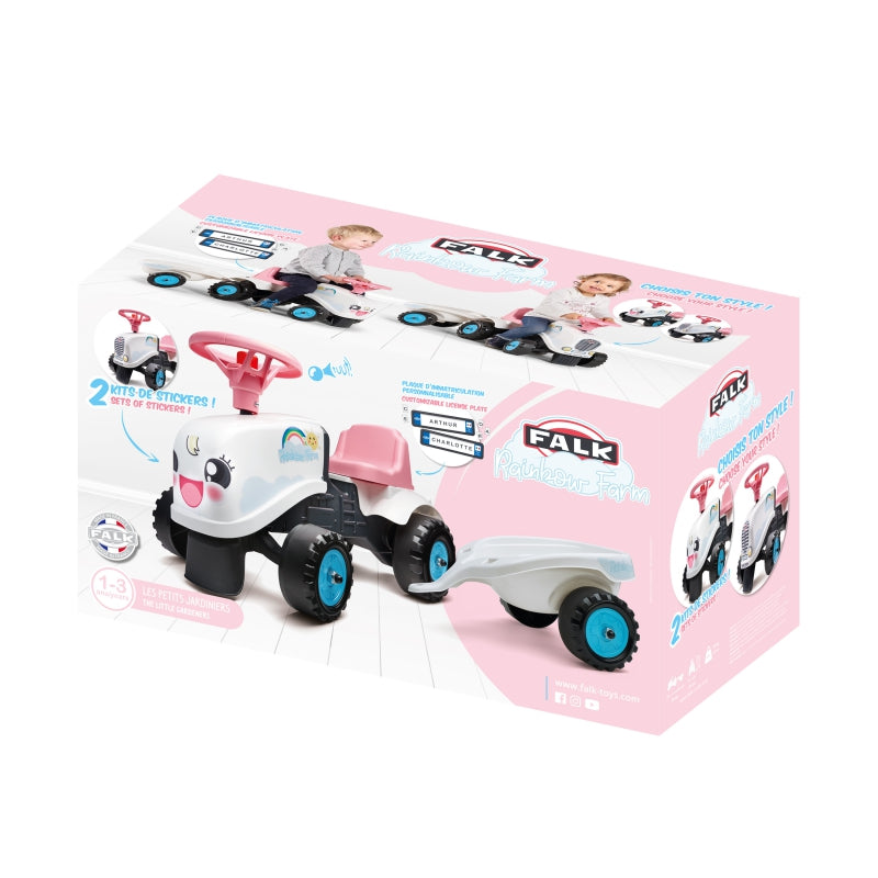 Paspiriamas traktorius FALK RAINBOWN su priekaba, baltas