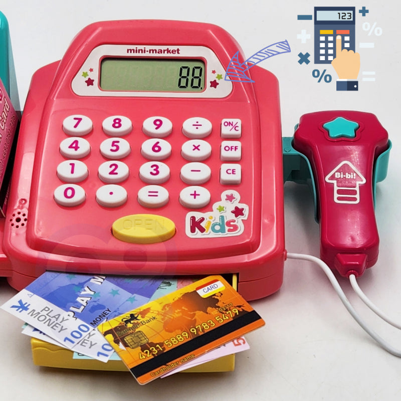 Žaislinis kasos aparatas su lentyna ir priedais, WOOPIE, rožinis