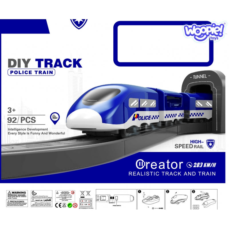 Automobilių trasa su policijos nuovada, elektriniu traukiniu ir automobiliais WOOPIE