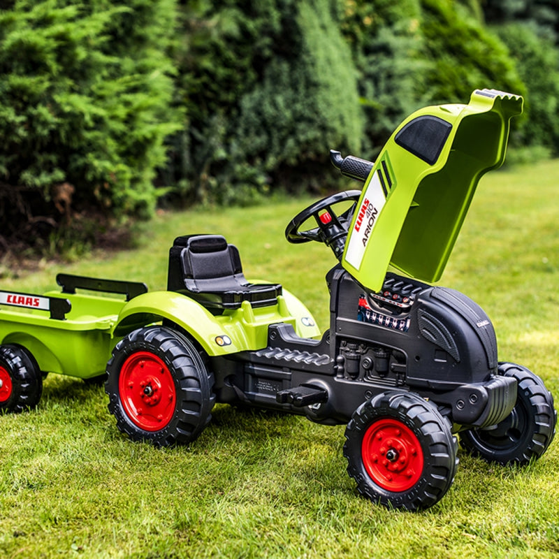 Vaikiškas minamas traktorius su kaušu ir priekaba CLAAS Falk, žalias