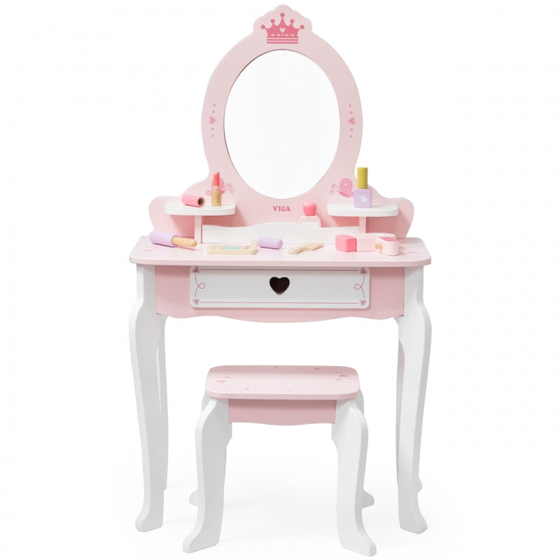 Medinis didelis tualetinis staliukas su veidrodžiu ir kėdute vaikams, VIGA