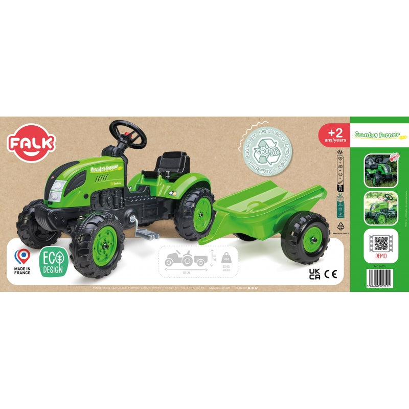 Pedalais minamas traktorius su priekaba, žalias, FALK Country Farmer