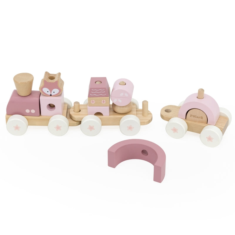 Medinis traukinys su vagonais ir kaladėlėmis, rožinis, VIGA PolarB