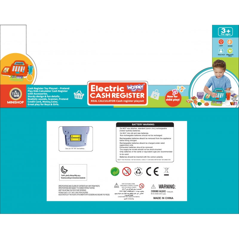 Žaislinis kasos aparatas su pirkinių krepšeliu ir priedais, WOOPIE, melynas