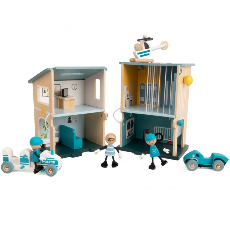 Medinė policijos stotis su figūrėlėmis ir transporto priemonėmis 12 vnt. CLASSIC WORLD