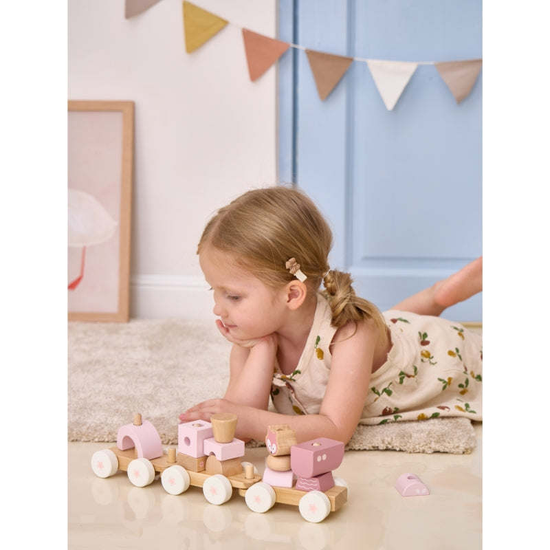 Medinis traukinys su vagonais ir kaladėlėmis, rožinis, VIGA PolarB