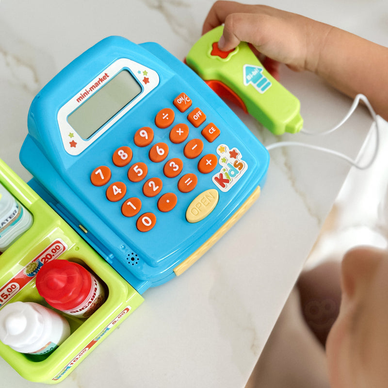 Žaislinis kasos aparatas su lentyna ir priedais WOOPIE