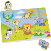 Medinė dėlionė vaikams su garsais „Egzotiniai gyvūnai“, VIGA