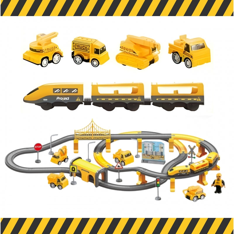 Elektrinio traukinio rinkinys su trasa ir statybiniais automobiliais 92 vnt. WOOPIE