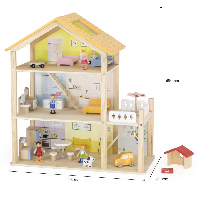 Medinis lėlių namelis su lėlėmis ir aksesuarais, VIGA