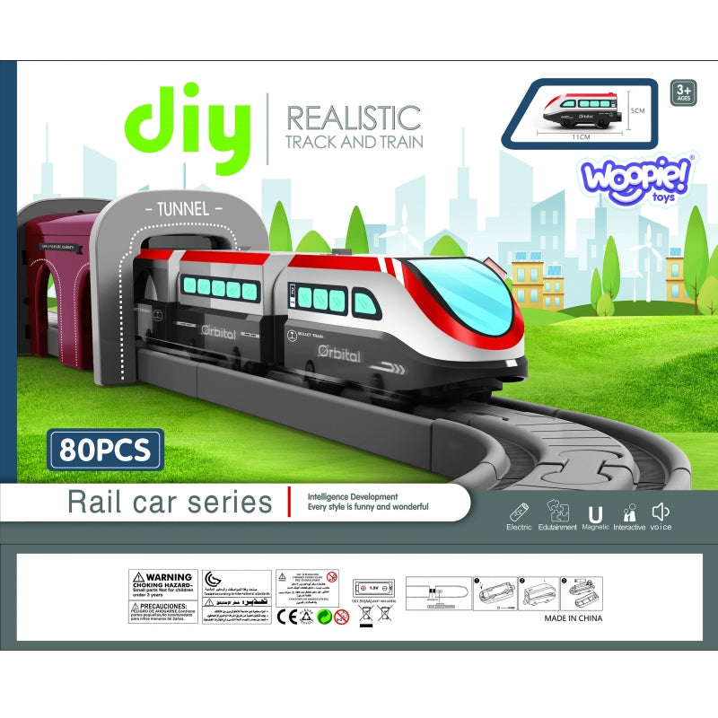 Traukinių trasa su tuneliu ir transporto priemonėmis - 80 detalių Woopie