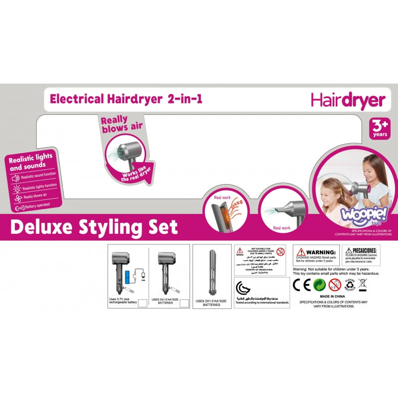 Žaislinis plaukų džiovintuvas tiesintuvas su priedais, WOOPIE