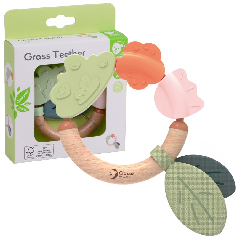 Medinis sensorinis barškutis-kramtukas 2in1, CLASSIC WORLD