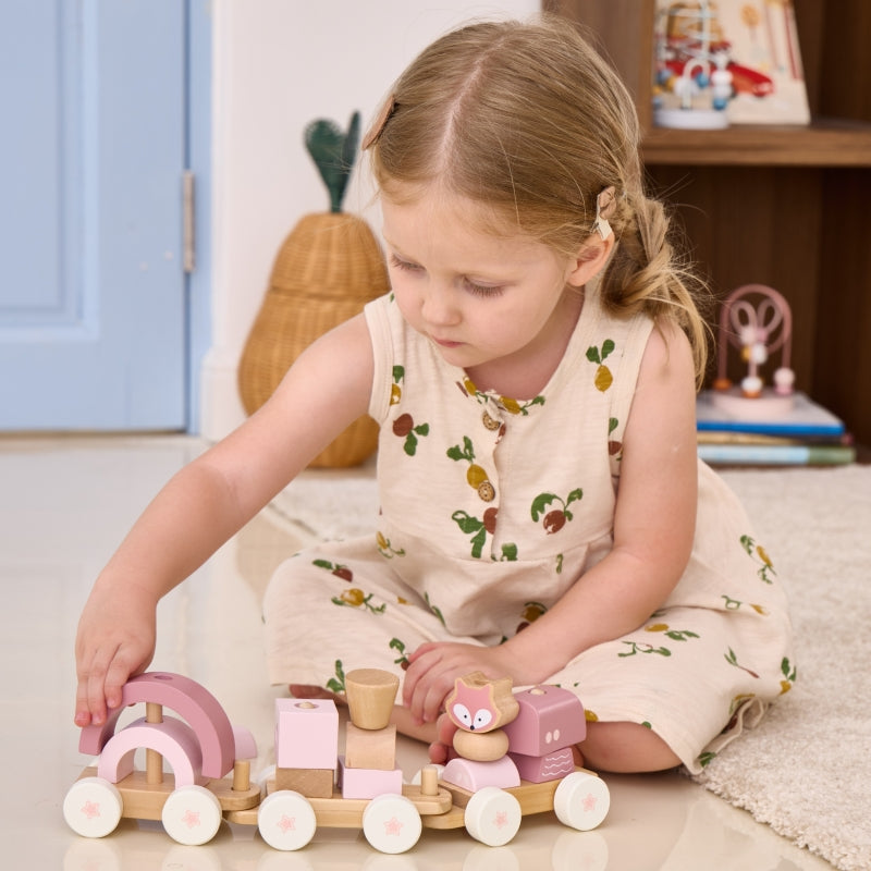 Medinis traukinys su vagonais ir kaladėlėmis, rožinis, VIGA PolarB