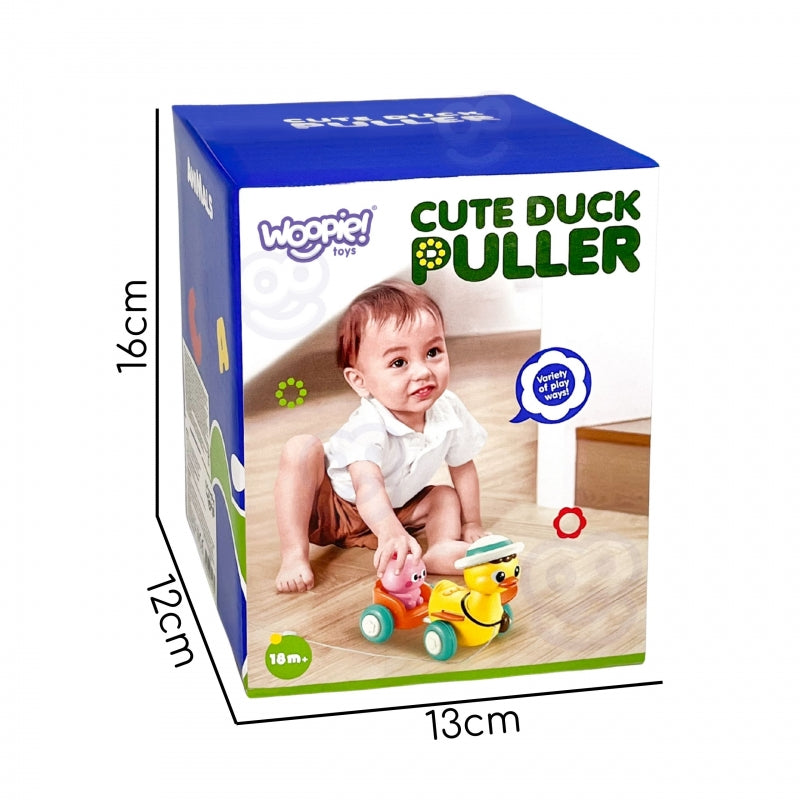 Interaktyvus geltonas ančiukas su rožiniu zuikiu vilkimo priekaboje WOOPIE BABY