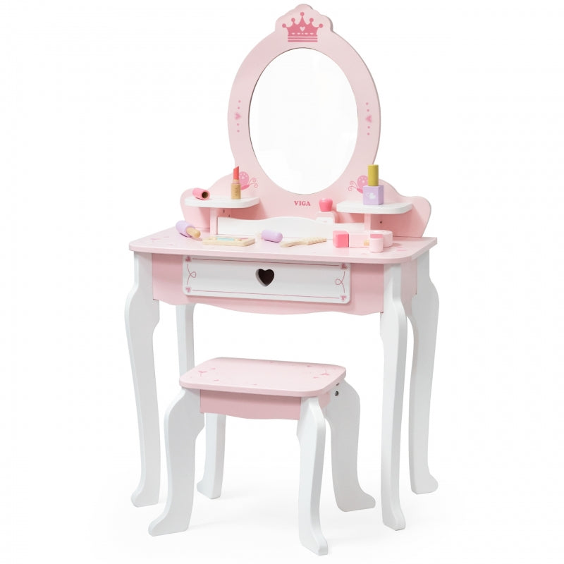 Medinis didelis tualetinis staliukas su veidrodžiu ir kėdute vaikams, VIGA