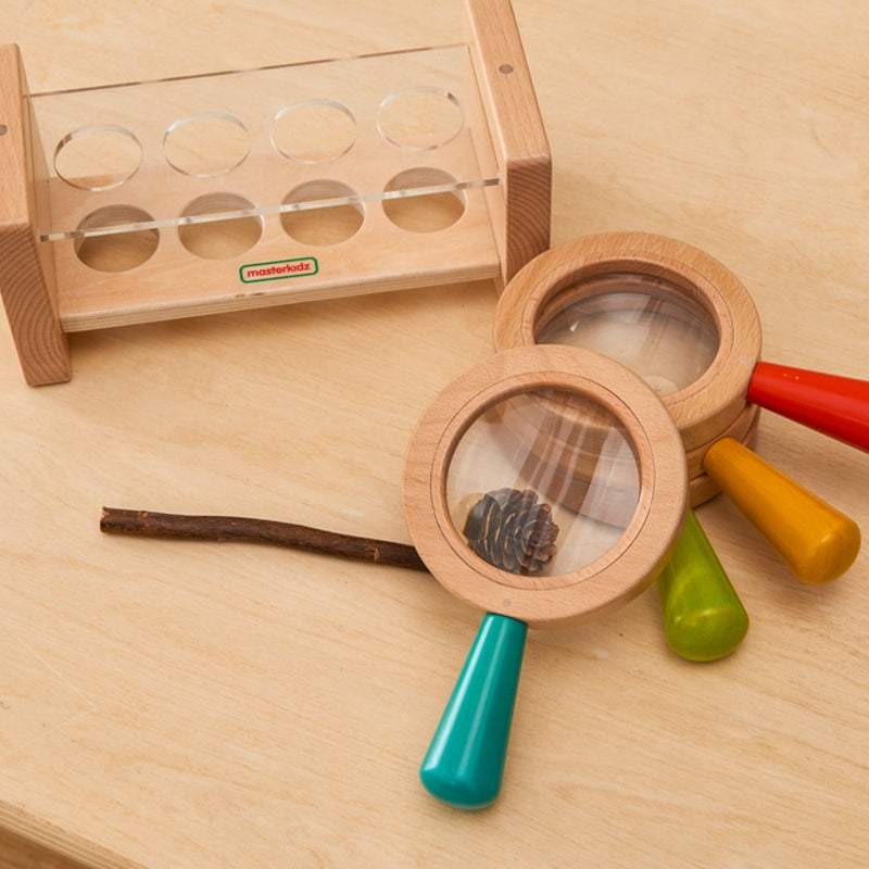 Medinis padidinamųjų stiklų rinkinys vaikams su laikikliu