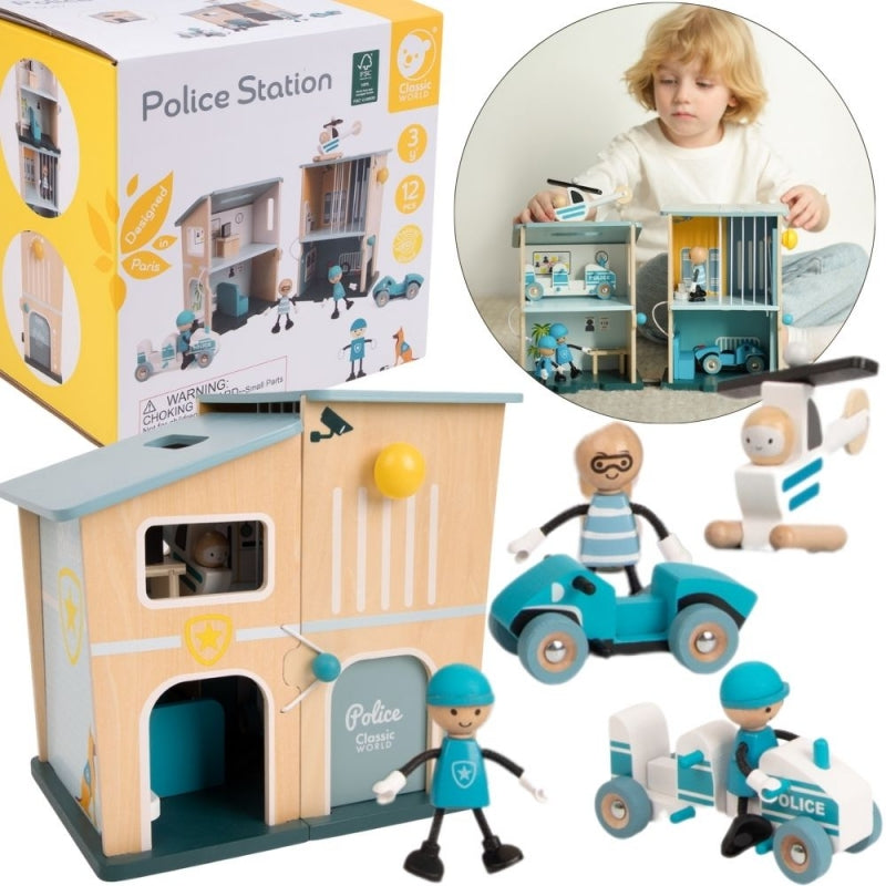 Medinė policijos stotis su figūrėlėmis ir transporto priemonėmis 12 vnt. CLASSIC WORLD